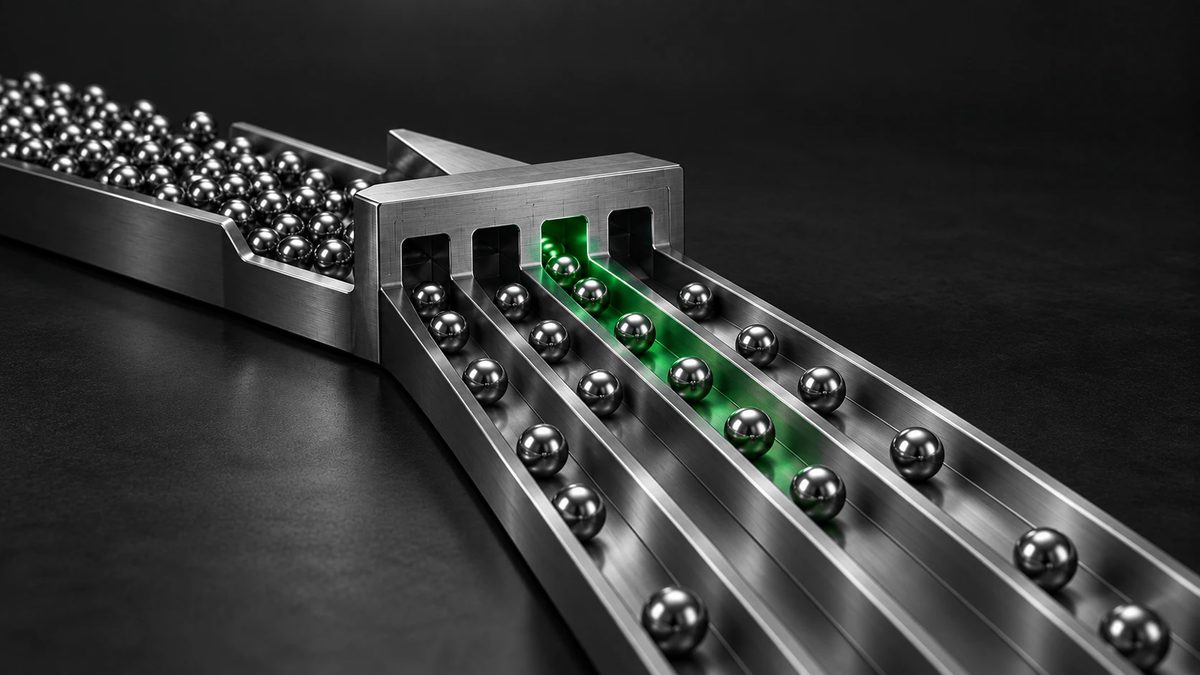 A tray of steel ball bearings feeding through a gate into four lanes, one of them lit green.