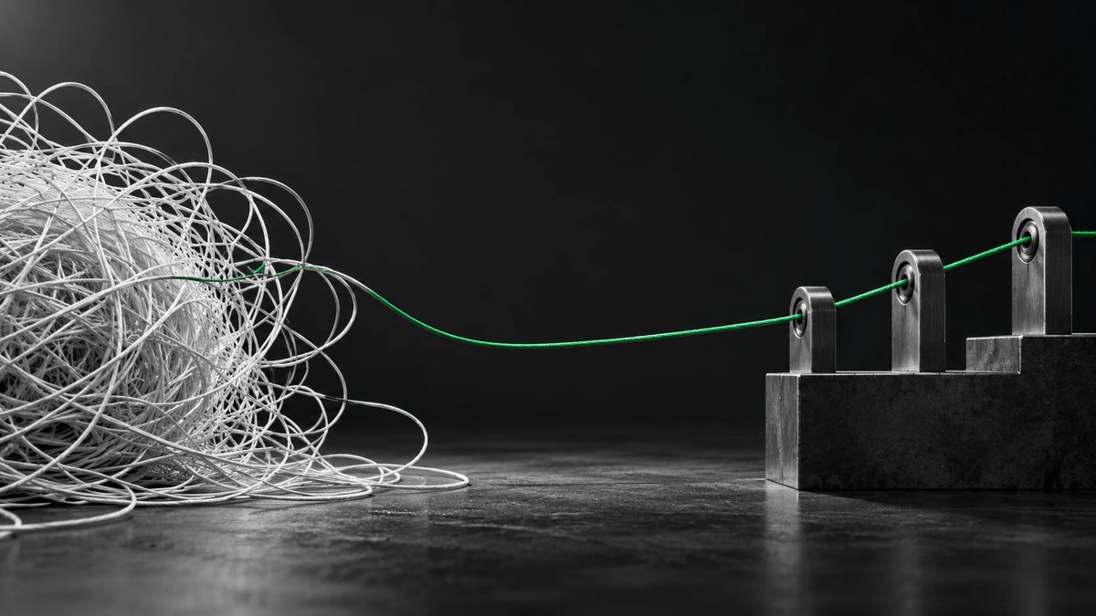 A tangled mass of thread, with one green strand pulled out and threaded cleanly through a row of steel guides.